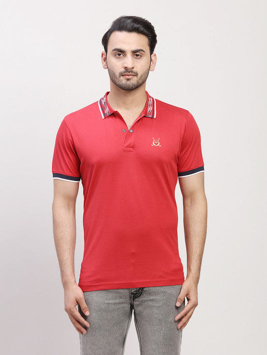 Colorplus Men Red Solid Regular Fit Half Sleeve Polo Neck T-Shirt