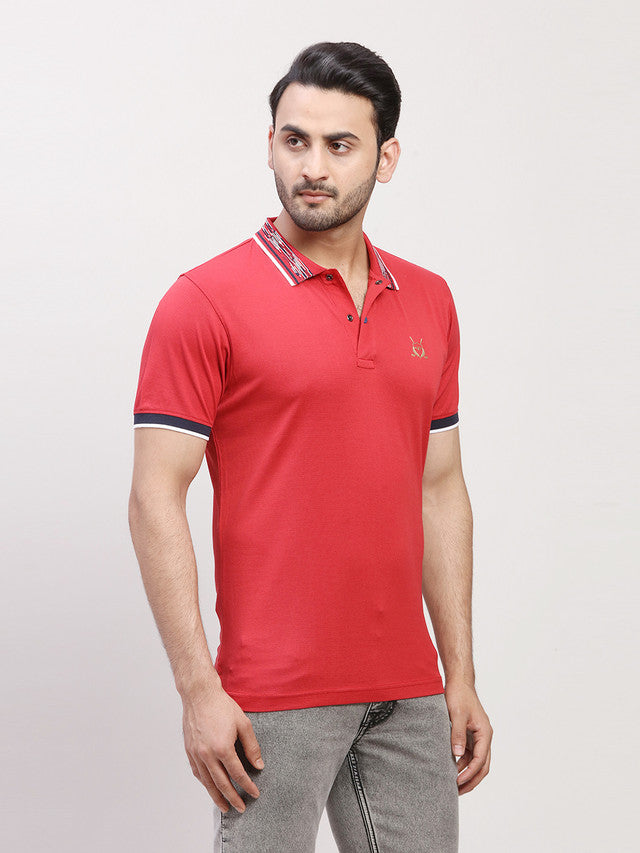 Colorplus Men Red Solid Regular Fit Half Sleeve Polo Neck T-Shirt