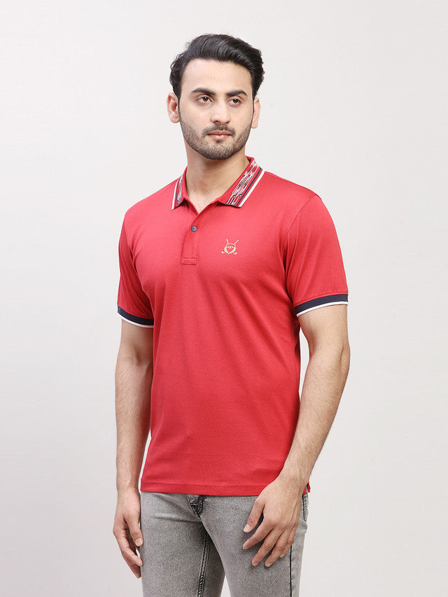 Colorplus Men Red Solid Regular Fit Half Sleeve Polo Neck T-Shirt