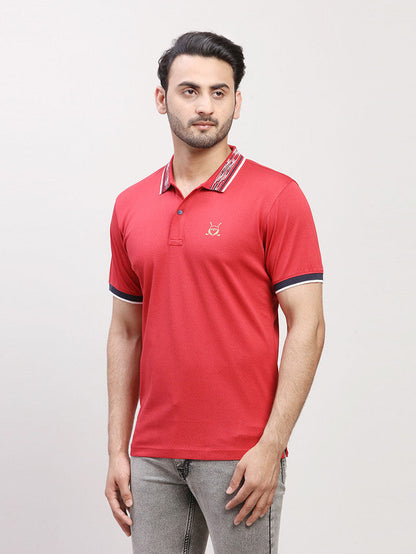 Colorplus Men Red Solid Regular Fit Half Sleeve Polo Neck T-Shirt