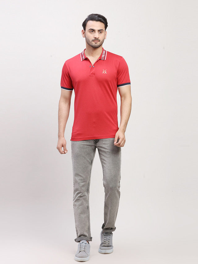 Colorplus Men Red Solid Regular Fit Half Sleeve Polo Neck T-Shirt