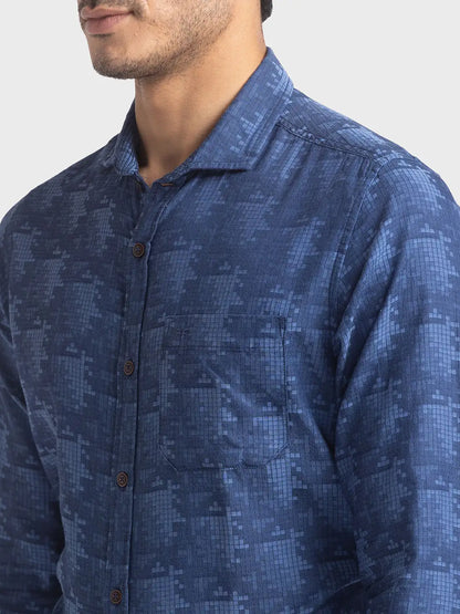 Men Blue Contemporary Fit Jacquard Cotton Full Sleeve Shirts