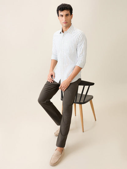 Colorplus Men Green Stripe Slim Fit Cotton Casual Shirt