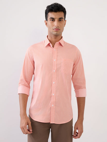 Colorplus Men Orange Stripe Slim Fit Cotton Blend Full Sleeve Casual Shirt