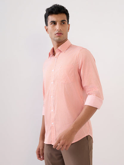 Colorplus Men Orange Stripe Slim Fit Cotton Blend Full Sleeve Casual Shirt