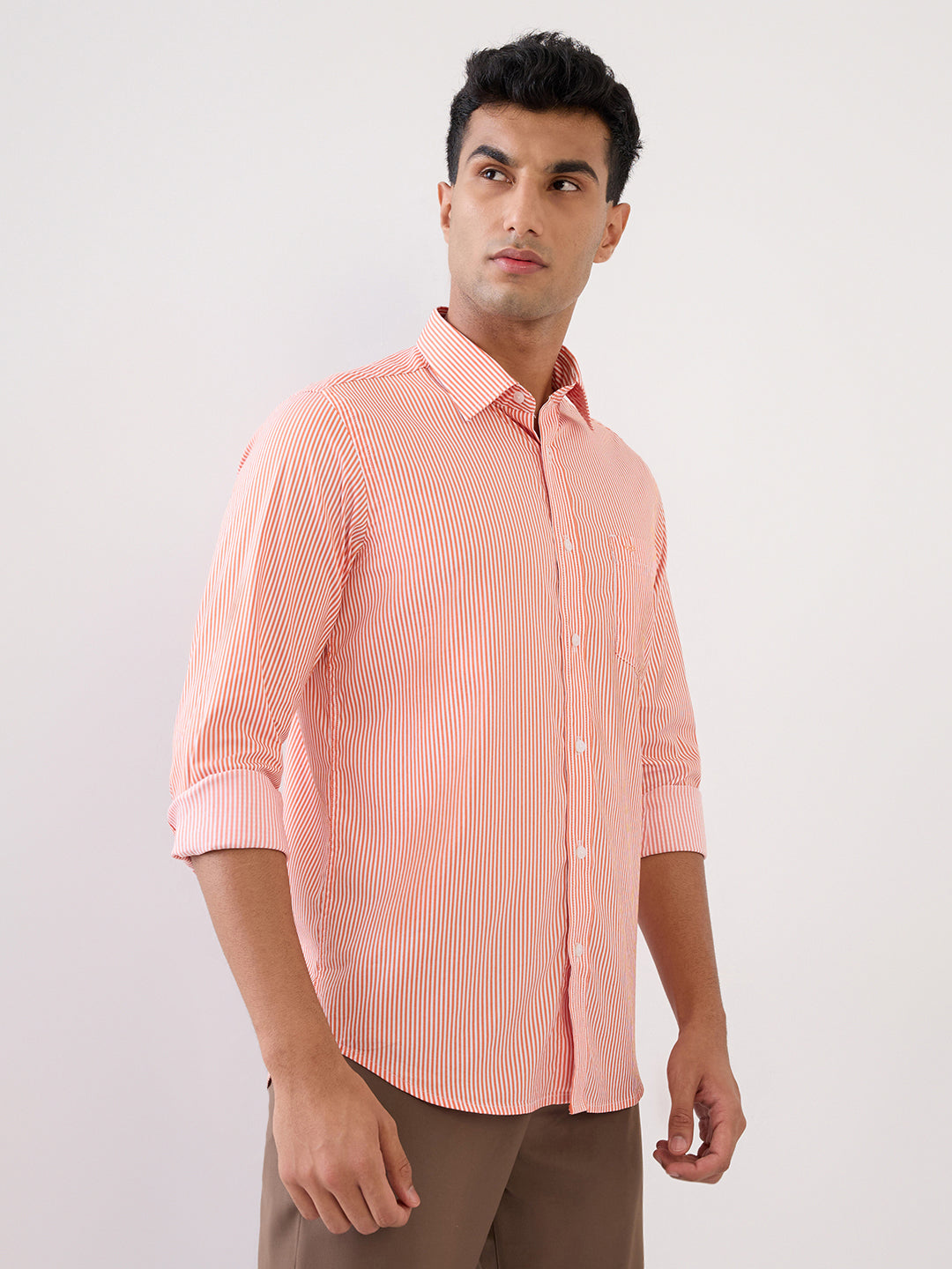 Colorplus Men Orange Stripe Slim Fit Cotton Blend Full Sleeve Casual Shirt