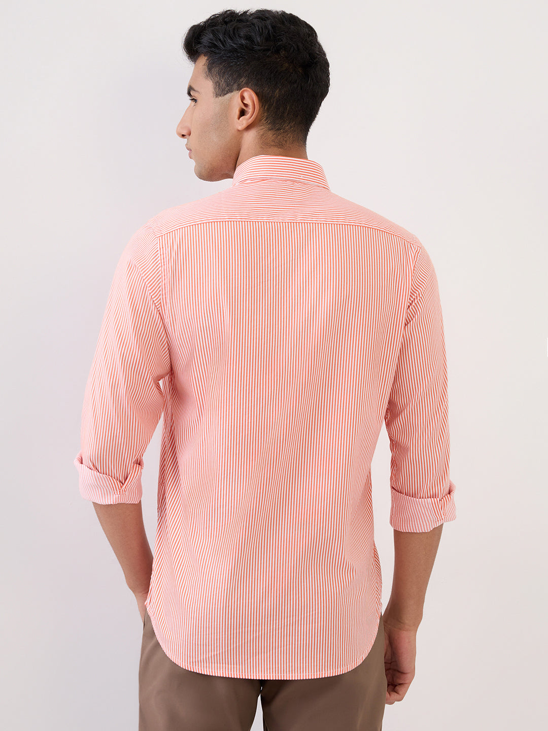 Colorplus Men Orange Stripe Slim Fit Cotton Blend Full Sleeve Casual Shirt