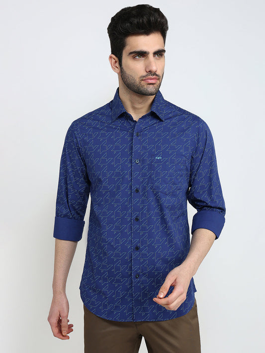 Colorplus Men Blue Printed Slim Fit Cotton Blend Full Sleeve Casual Shirt