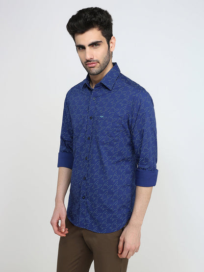 Colorplus Men Blue Printed Slim Fit Cotton Blend Full Sleeve Casual Shirt