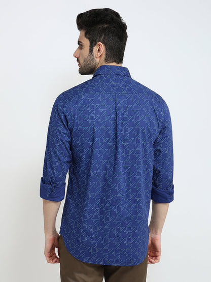 Colorplus Men Blue Printed Slim Fit Cotton Blend Full Sleeve Casual Shirt