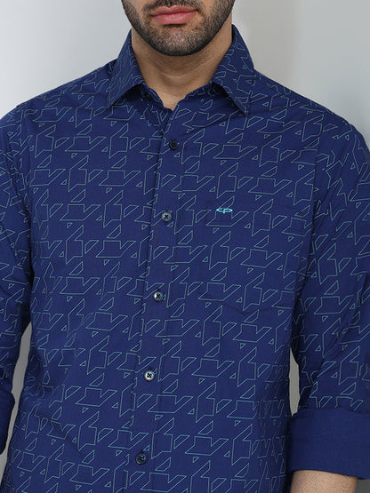 Colorplus Men Blue Printed Slim Fit Cotton Blend Full Sleeve Casual Shirt