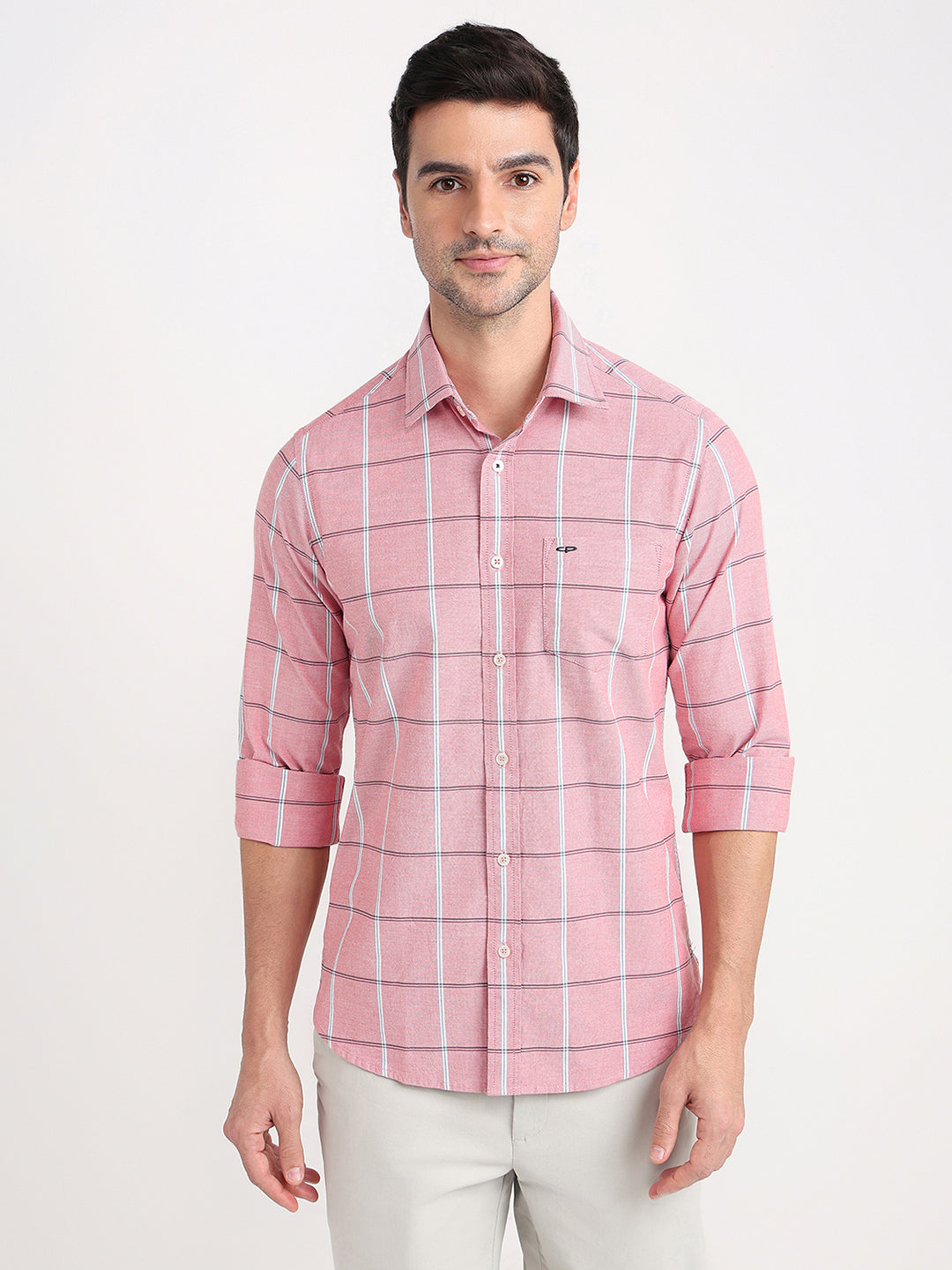 Colorplus Men Orange Checks Slim Fit Cotton Blend Full Sleeve Casual Shirt