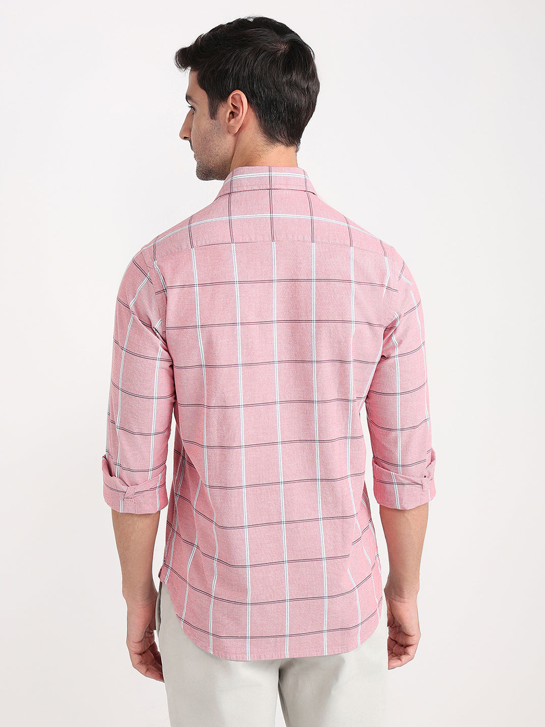 Colorplus Men Orange Checks Slim Fit Cotton Blend Full Sleeve Casual Shirt