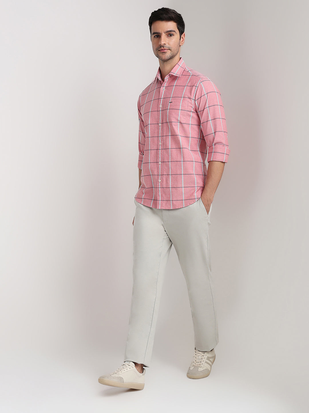 Colorplus Men Orange Checks Slim Fit Cotton Blend Full Sleeve Casual Shirt