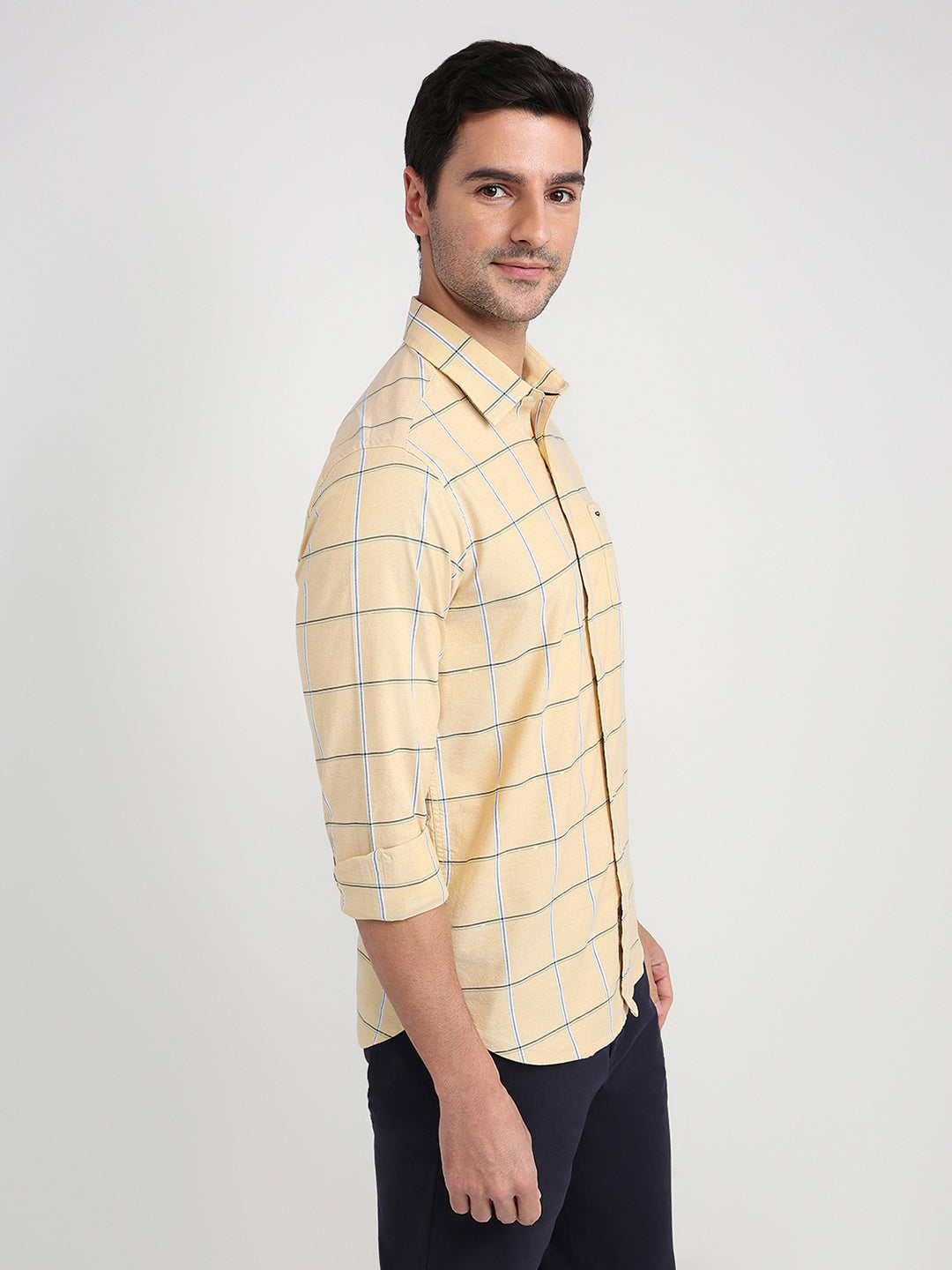 Colorplus Men Yellow Checks Slim Fit Cotton Blend Full Sleeve Casual Shirt