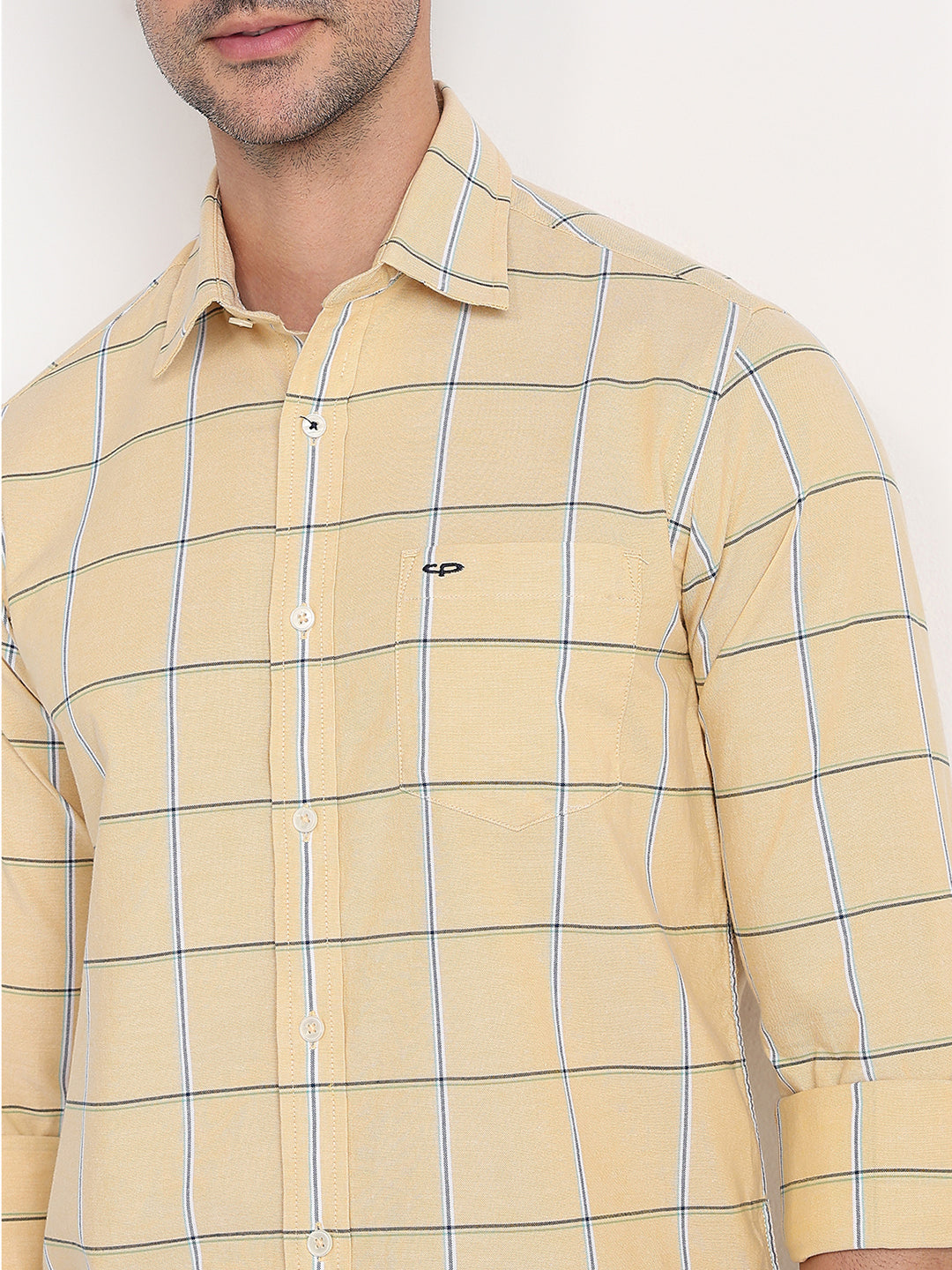 Colorplus Men Yellow Checks Slim Fit Cotton Blend Full Sleeve Casual Shirt