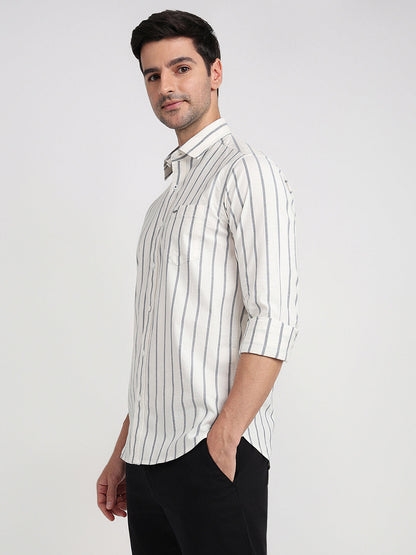 Colorplus Men White Stripe Slim Fit Cotton Blend Full Sleeve Casual Shirt