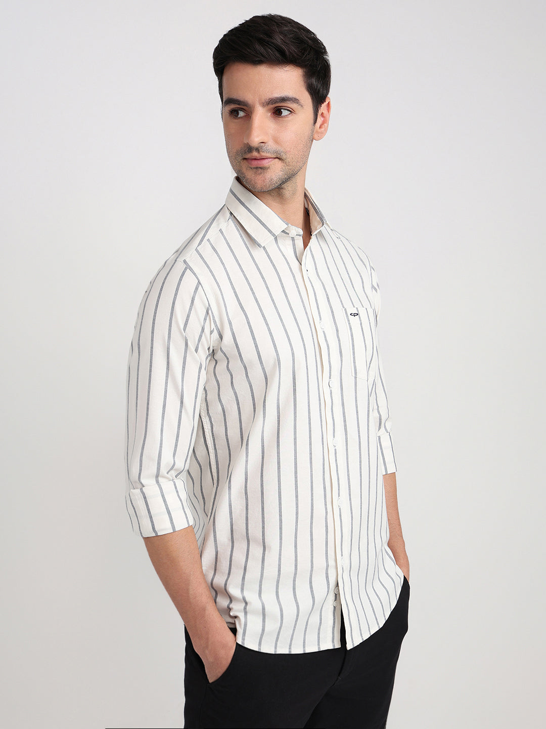 Colorplus Men White Stripe Slim Fit Cotton Blend Full Sleeve Casual Shirt
