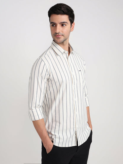 Colorplus Men White Stripe Slim Fit Cotton Blend Full Sleeve Casual Shirt