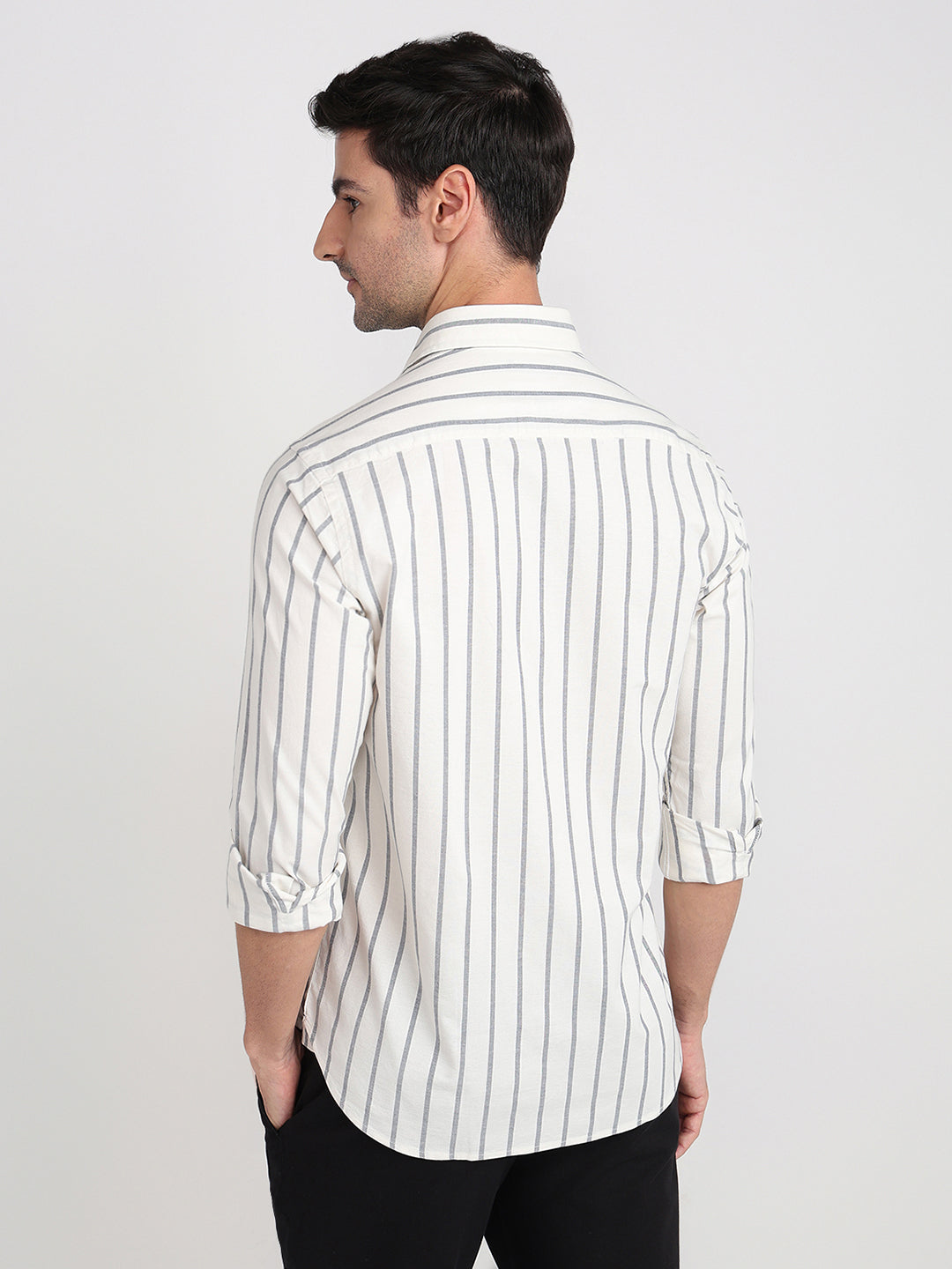 Colorplus Men White Stripe Slim Fit Cotton Blend Full Sleeve Casual Shirt