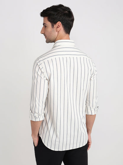 Colorplus Men White Stripe Slim Fit Cotton Blend Full Sleeve Casual Shirt
