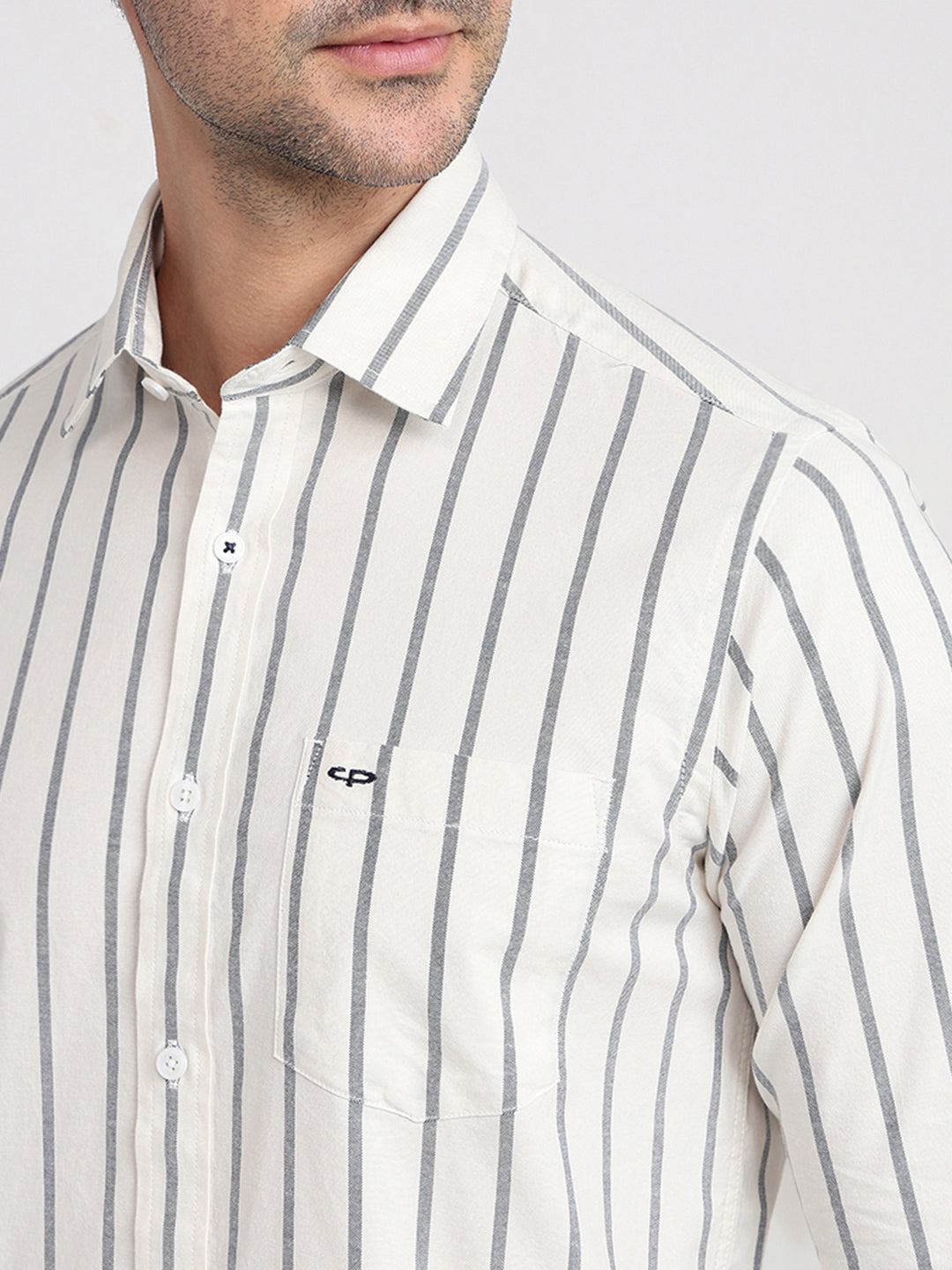 Colorplus Men White Stripe Slim Fit Cotton Blend Full Sleeve Casual Shirt