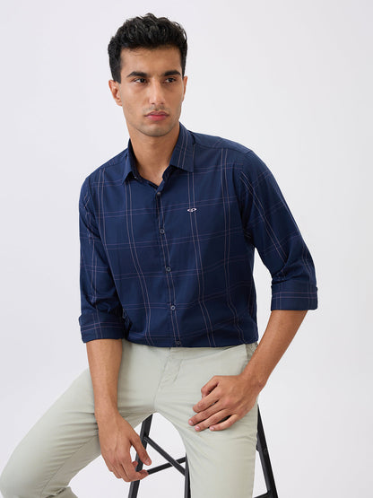 Colorplus Men Blue Checks Regular Fit Cotton Blend Full Sleeve Casual Shirt