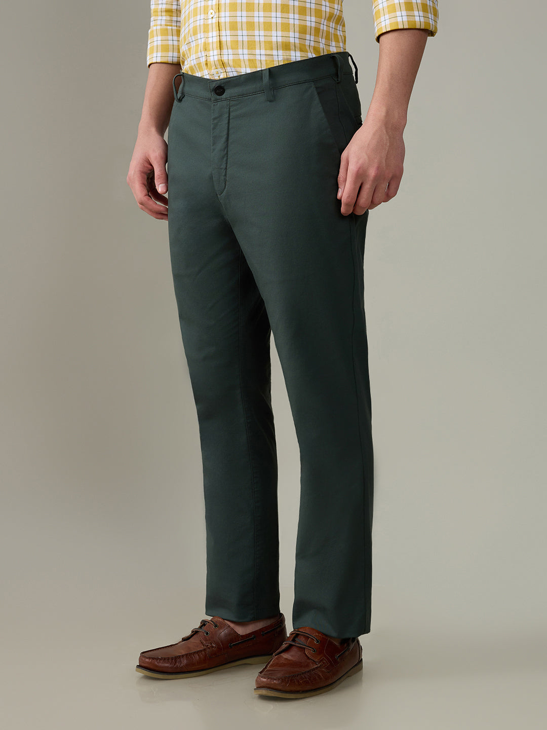 Colorplus Men Green Dobby Slim Fit Cotton Blend Trouser