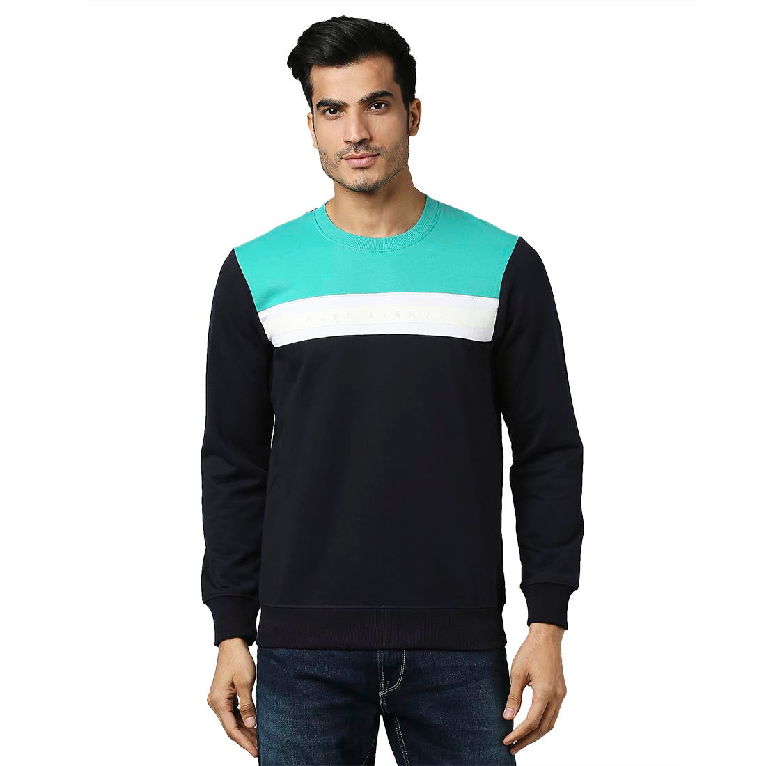 Park Avenue Men Blue Slim Fit Solid Cotton Polyster Blend Sweatshirts