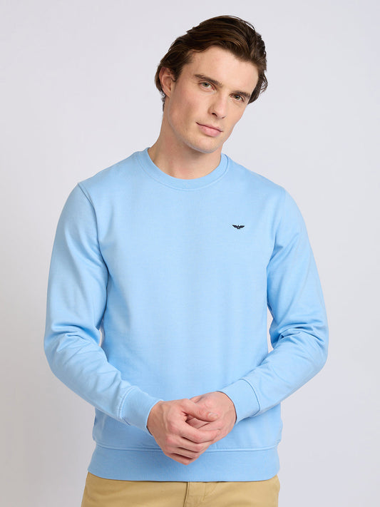 Park Avenue Men Blue Solid Slim Fit Cotton Blend Round Neck Collar Sweatshirt