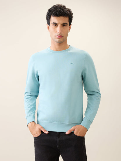 Park Avenue Men Blue Solid Slim Fit Cotton Blend Round Neck Collar Sweatshirt