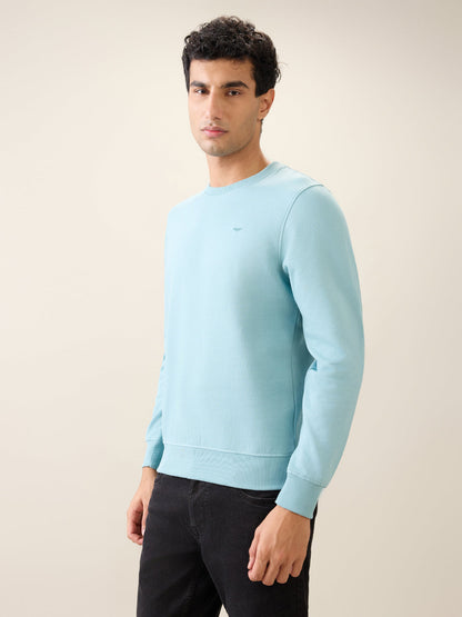 Park Avenue Men Blue Solid Slim Fit Cotton Blend Round Neck Collar Sweatshirt