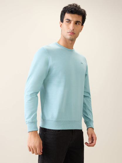 Park Avenue Men Blue Solid Slim Fit Cotton Blend Round Neck Collar Sweatshirt