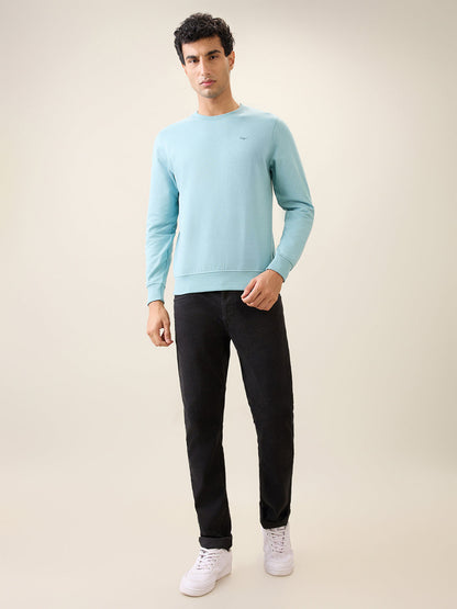 Park Avenue Men Blue Solid Slim Fit Cotton Blend Round Neck Collar Sweatshirt