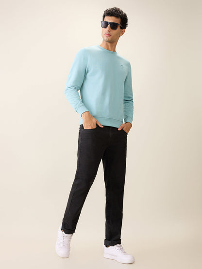 Park Avenue Men Blue Solid Slim Fit Cotton Blend Round Neck Collar Sweatshirt