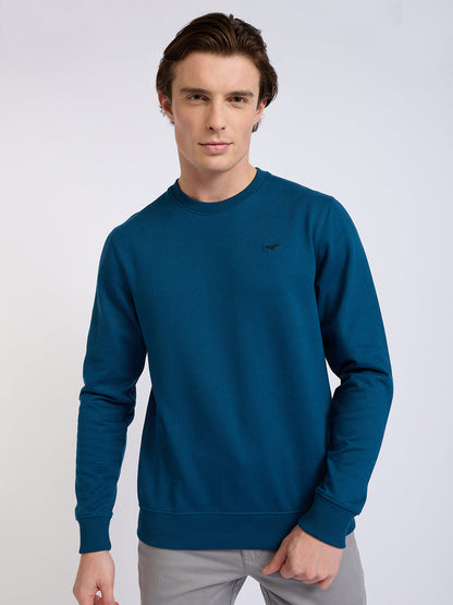 Park Avenue Men Blue Solid Slim Fit Cotton Blend Round Neck Collar Sweatshirt