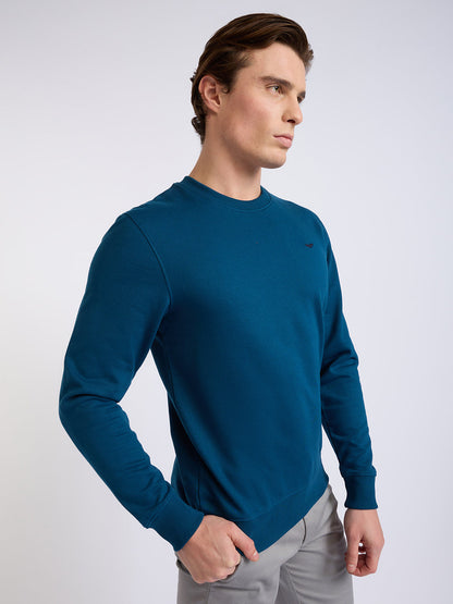 Park Avenue Men Blue Solid Slim Fit Cotton Blend Round Neck Collar Sweatshirt