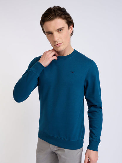 Park Avenue Men Blue Solid Slim Fit Cotton Blend Round Neck Collar Sweatshirt