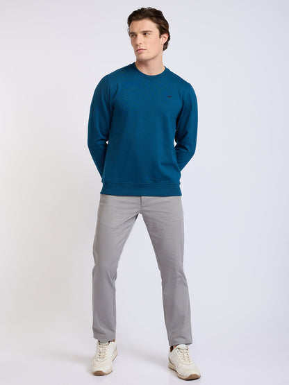 Park Avenue Men Blue Solid Slim Fit Cotton Blend Round Neck Collar Sweatshirt