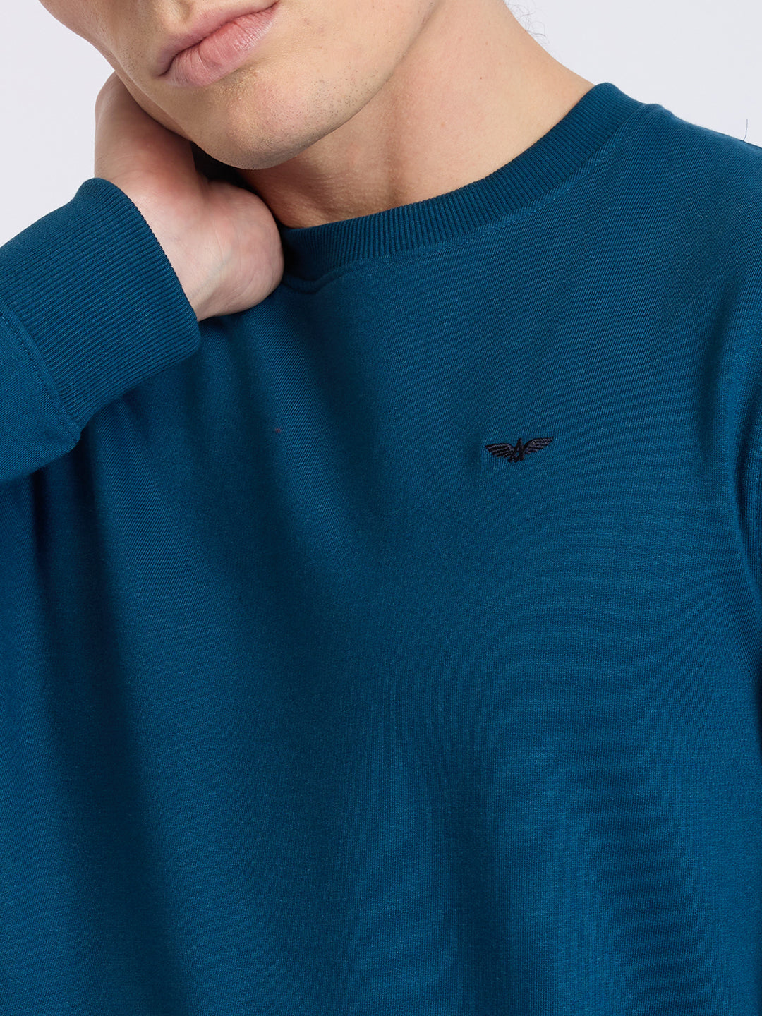 Park Avenue Men Blue Solid Slim Fit Cotton Blend Round Neck Collar Sweatshirt