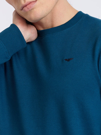 Park Avenue Men Blue Solid Slim Fit Cotton Blend Round Neck Collar Sweatshirt