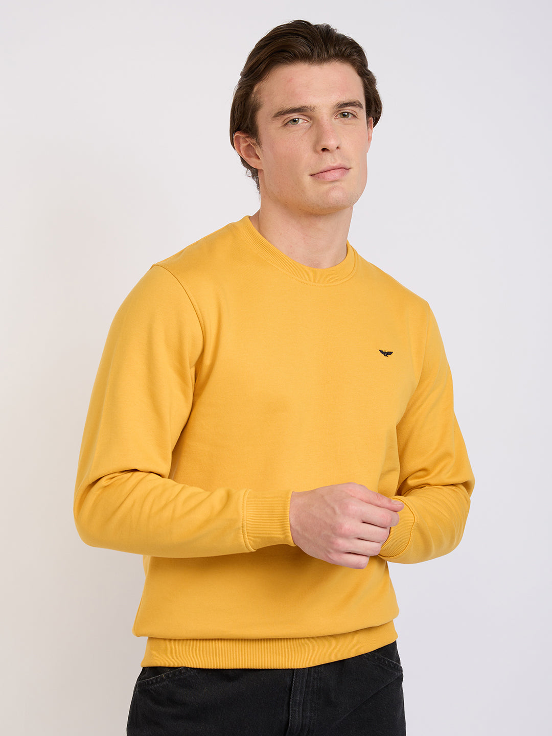 Park Avenue Men Yellow Solid Slim Fit Cotton Blend Round Neck Collar Sweatshirt