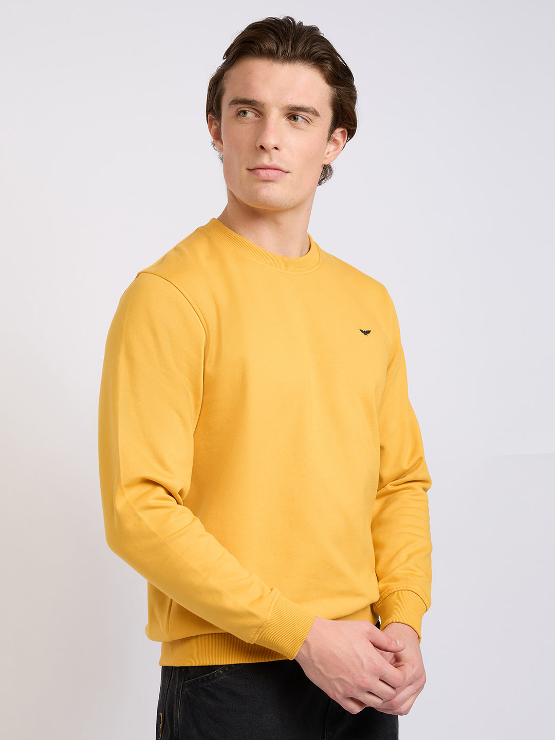 Park Avenue Men Yellow Solid Slim Fit Cotton Blend Round Neck Collar Sweatshirt