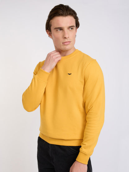 Park Avenue Men Yellow Solid Slim Fit Cotton Blend Round Neck Collar Sweatshirt