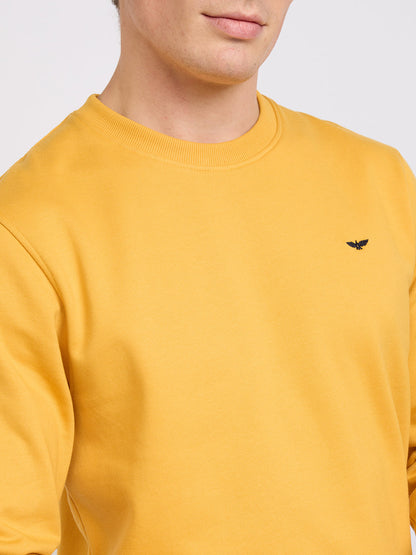 Park Avenue Men Yellow Solid Slim Fit Cotton Blend Round Neck Collar Sweatshirt