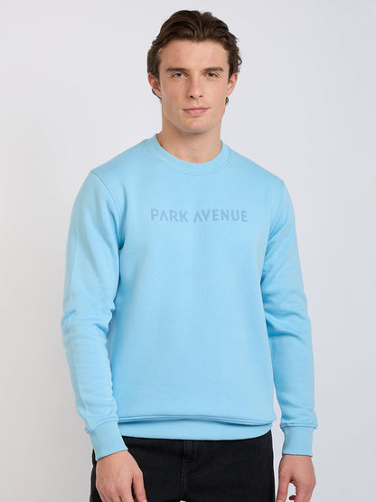 Park Avenue Men Blue Solid Slim Fit Cotton Blend Round Neck Collar Sweatshirt
