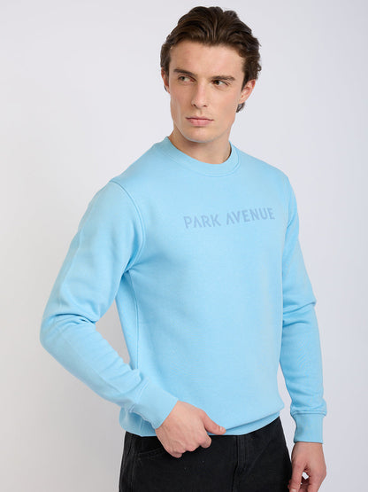 Park Avenue Men Blue Solid Slim Fit Cotton Blend Round Neck Collar Sweatshirt