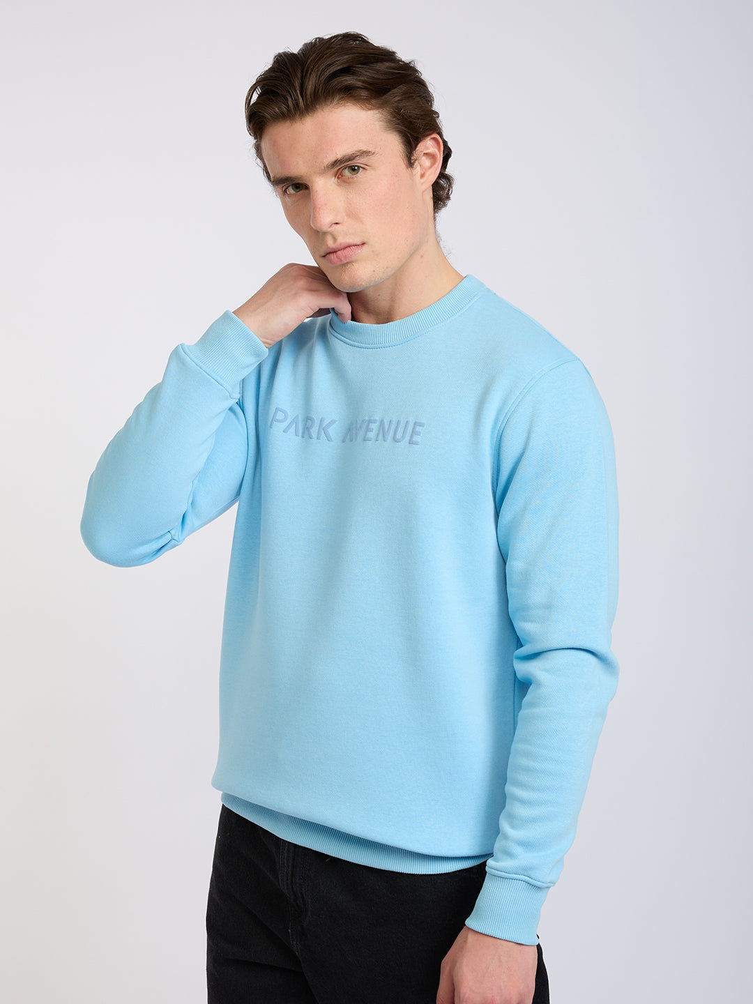 Park Avenue Men Blue Solid Slim Fit Cotton Blend Round Neck Collar Sweatshirt
