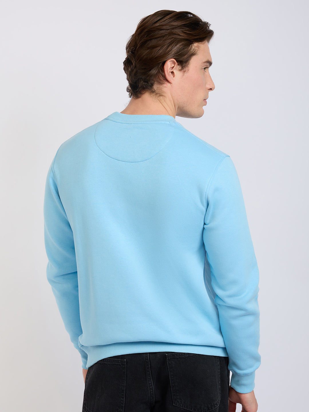 Park Avenue Men Blue Solid Slim Fit Cotton Blend Round Neck Collar Sweatshirt