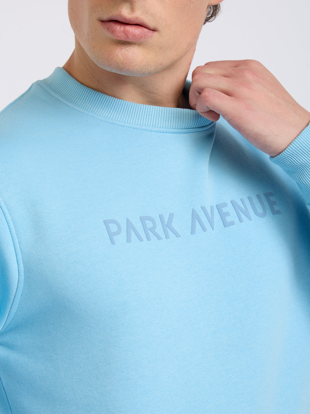 Park Avenue Men Blue Solid Slim Fit Cotton Blend Round Neck Collar Sweatshirt